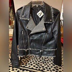 NWT Fate brand Black Leather fully lined Jacket w/ Houndstooth Details Medium